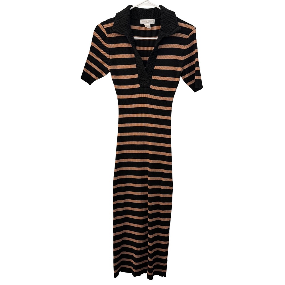 Caroline Constas Striped Ribbed Knit Polo Midi Dress Black Tan S Short Sleeve